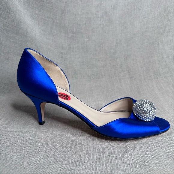 EUC Kate Spade Emison Blue Satin Peep Toe Heels Crystal Embellishment - Picture 4 of 5